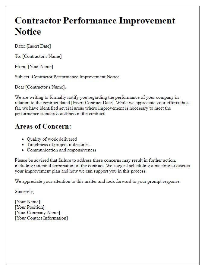 Letter template of Contractor Performance Improvement Notice