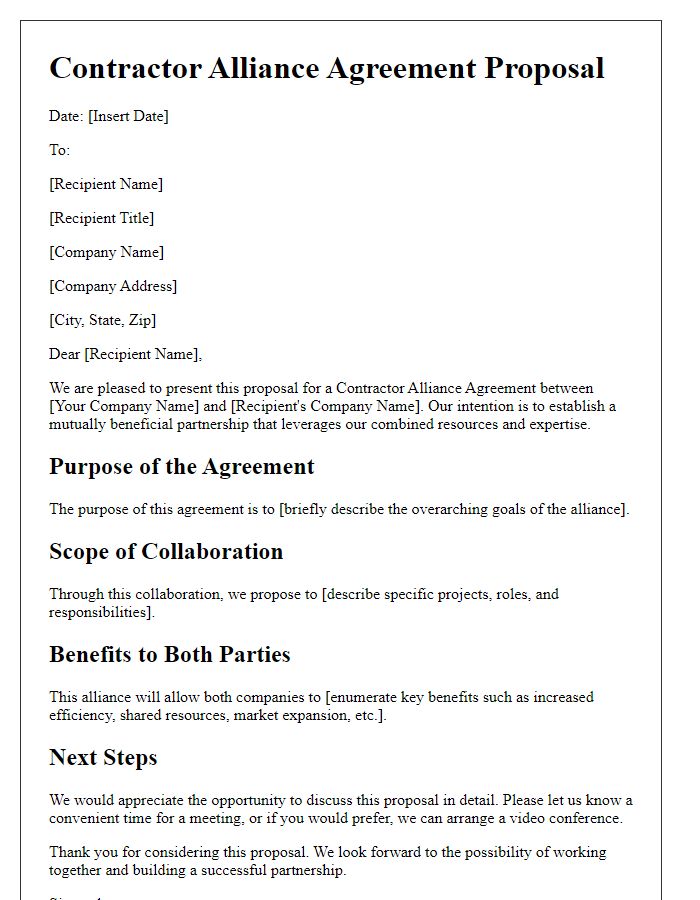 Letter template of contractor alliance agreement proposal