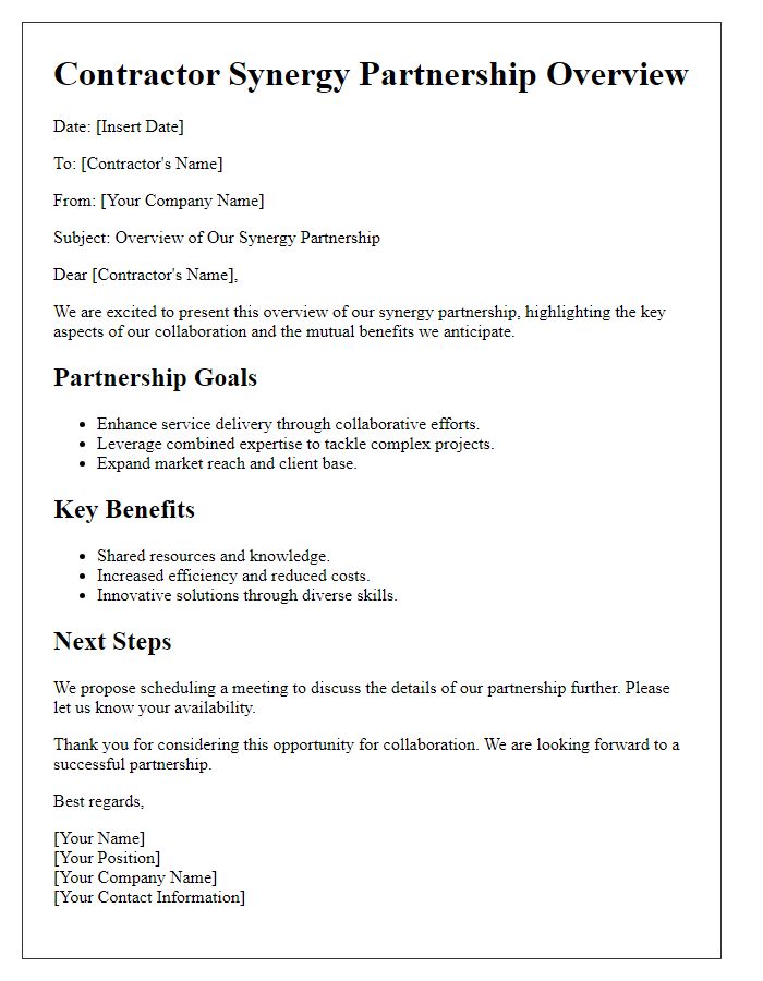 Letter template of contractor synergy partnership overview