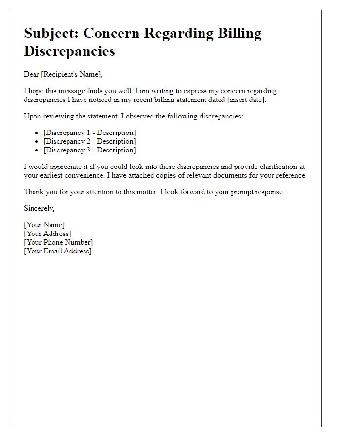 Letter template of concern regarding billing discrepancies.