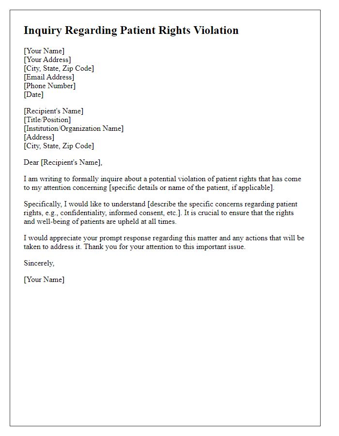 Letter template of inquiry about patient rights violation.