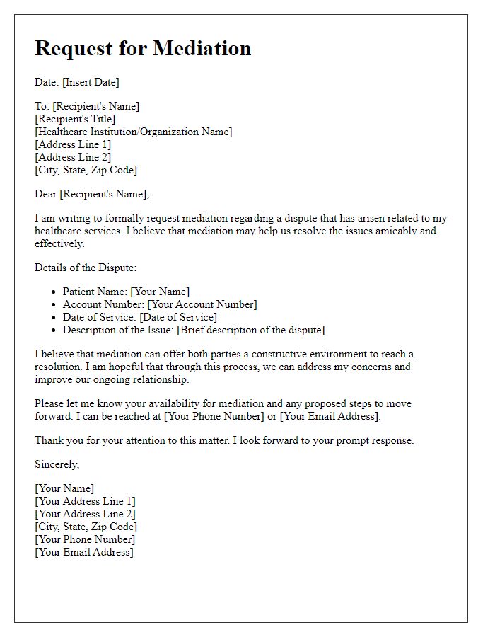 Letter template of request for mediation in healthcare disputes.