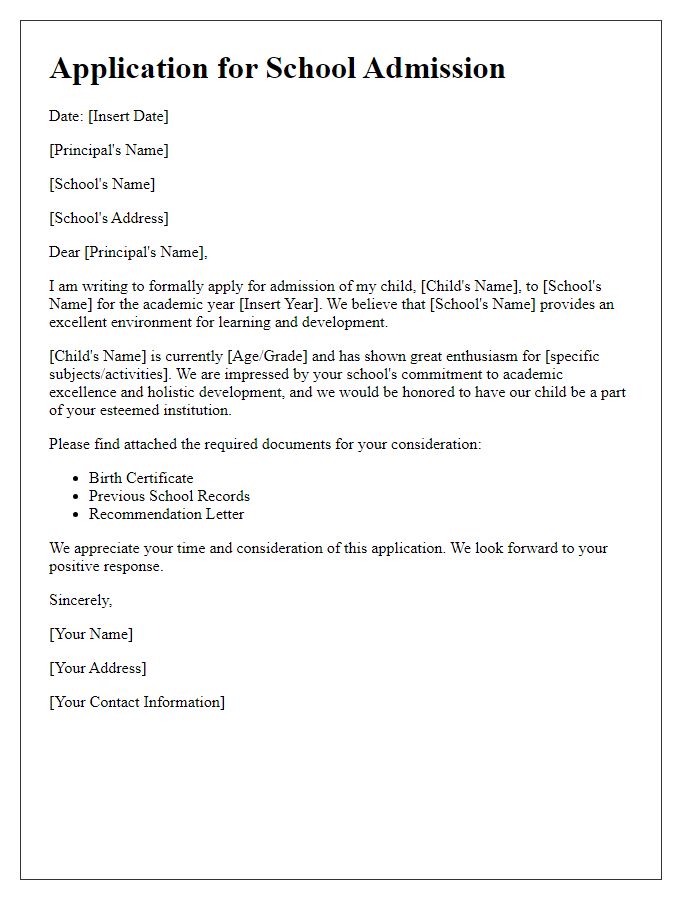 Letter template of application for school admission