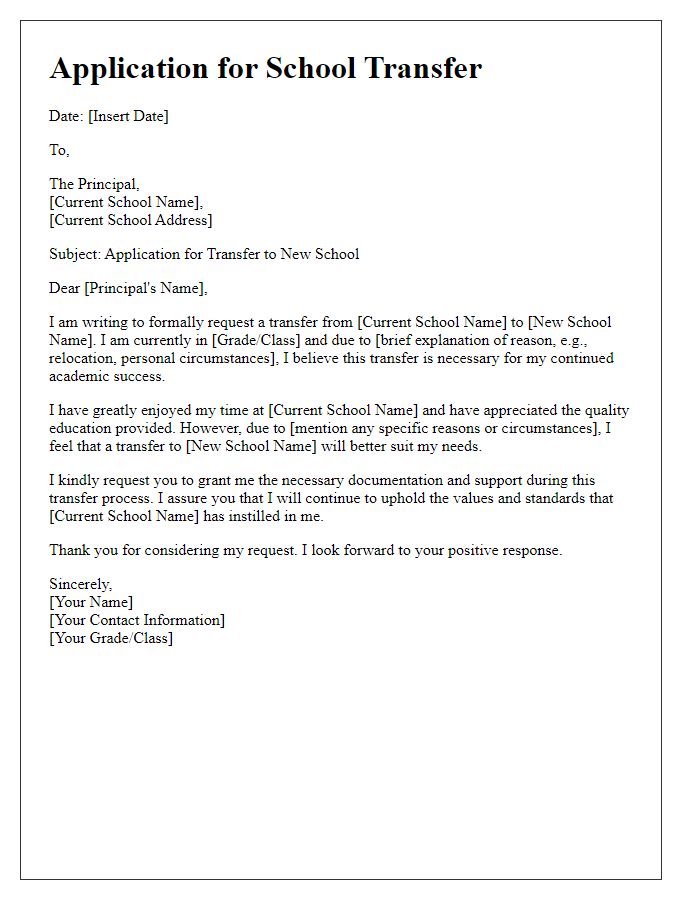 Letter template of application for transfer to new school