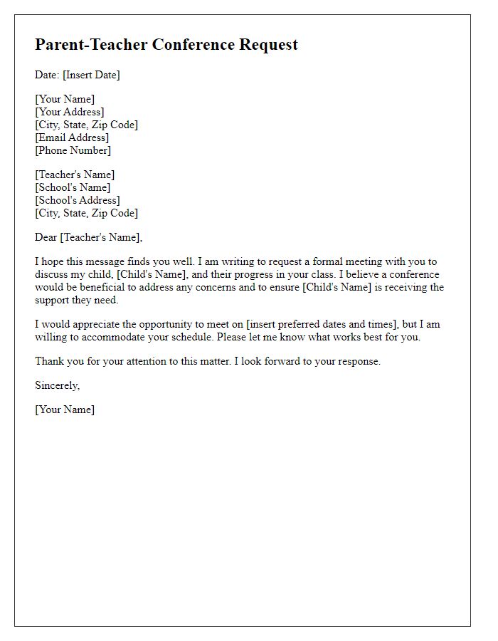 Letter template of formal request for parent-teacher conference