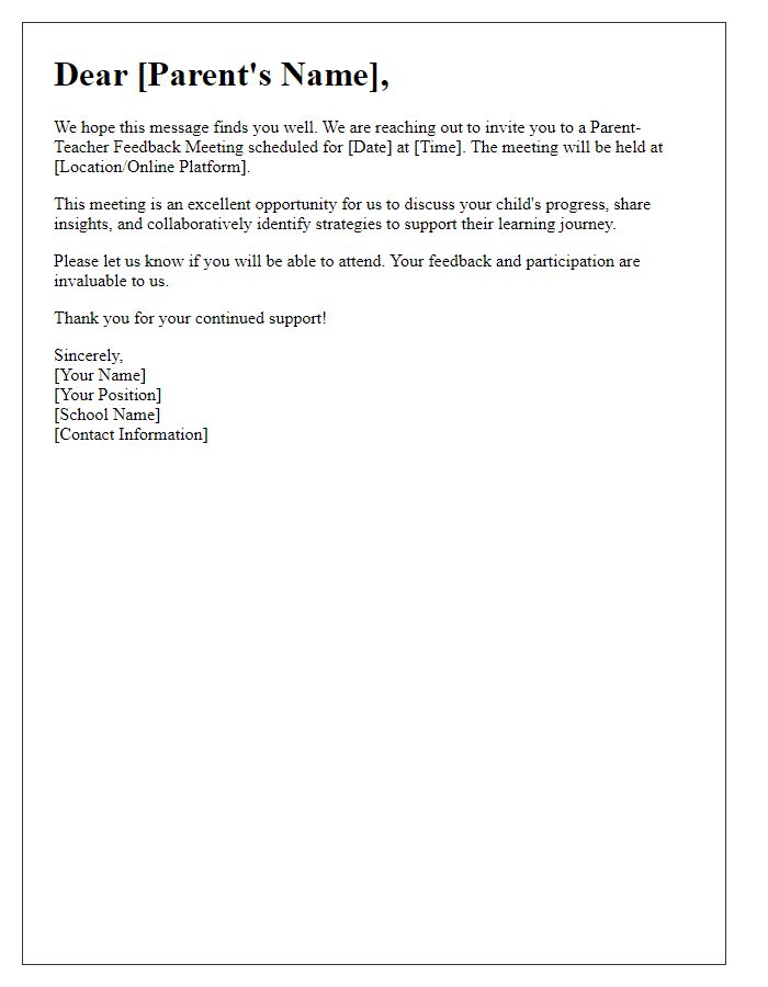 Letter template of outreach for parent-teacher feedback meeting