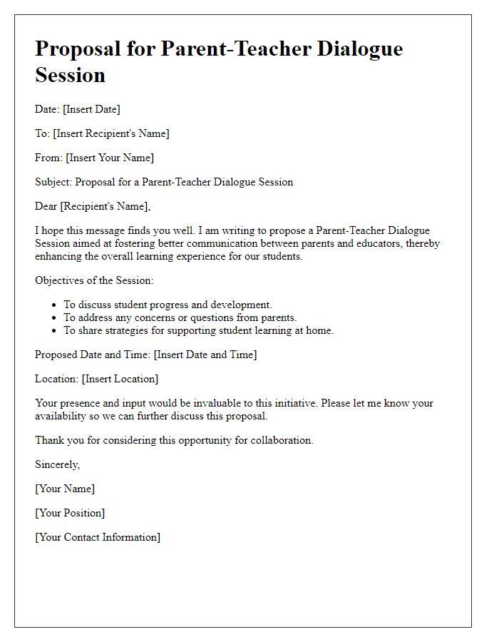 Letter template of proposal for parent-teacher dialogue session