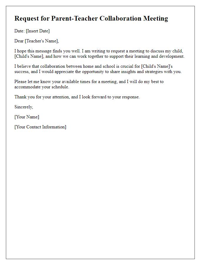 Letter template of request for parent-teacher collaboration meeting