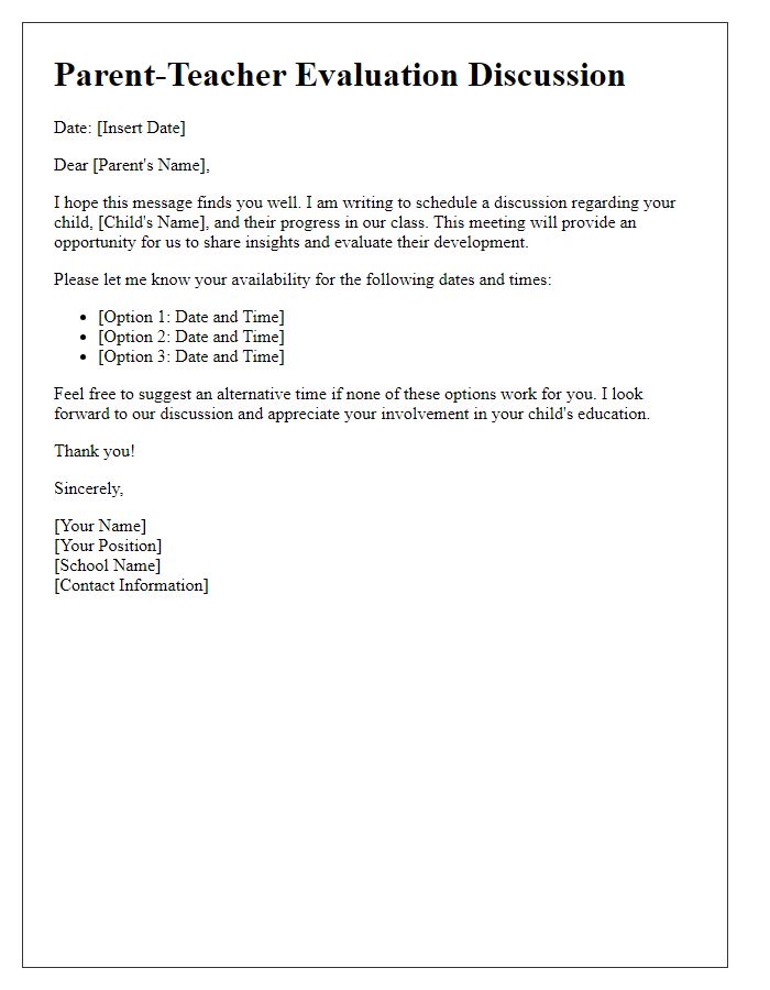 Letter template of scheduling a parent-teacher evaluation discussion