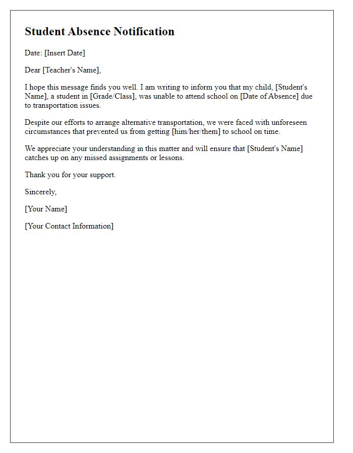 Letter template of student absence due to transportation issues.