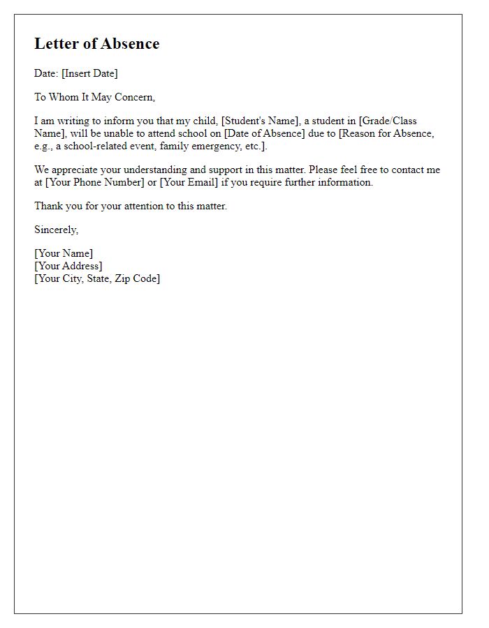 Letter template of student absence for a school-related event.