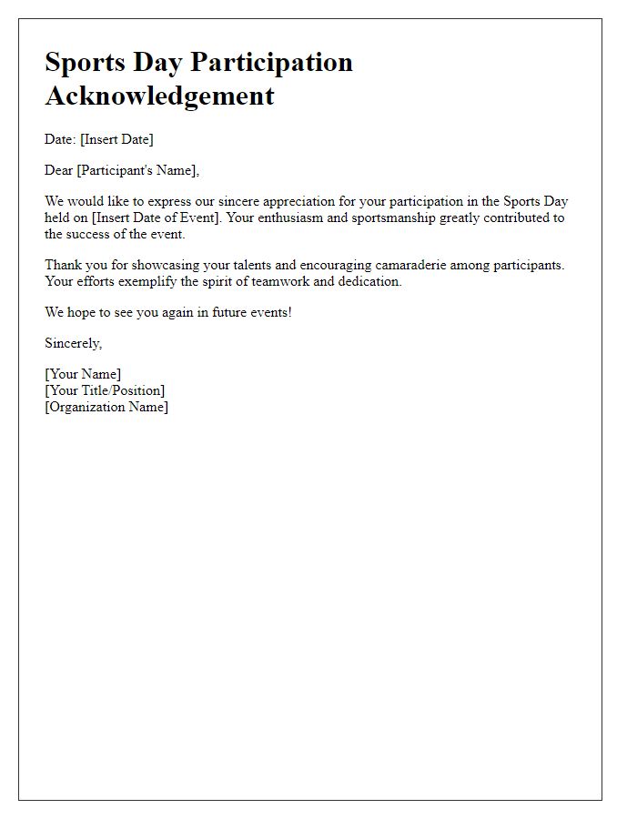 Letter template of acknowledgement for sports day participation