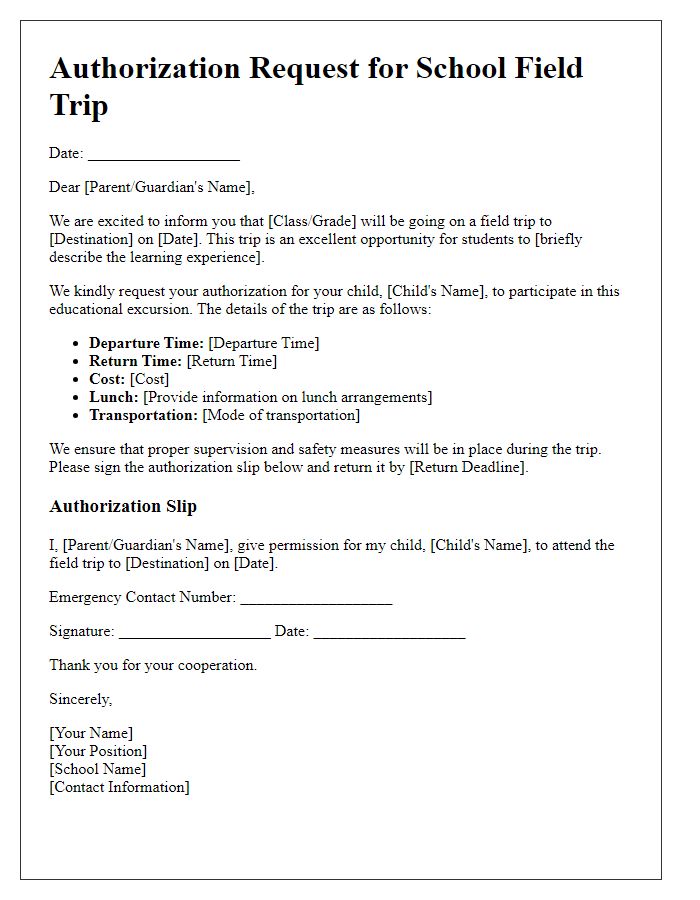 Letter template of authorization request for school field trip