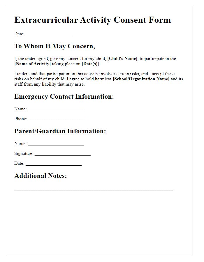 Letter template of consent form for extracurricular activity