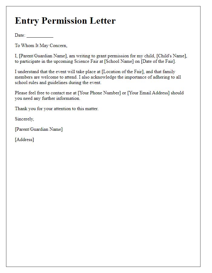 Letter template of entry permission for school science fair