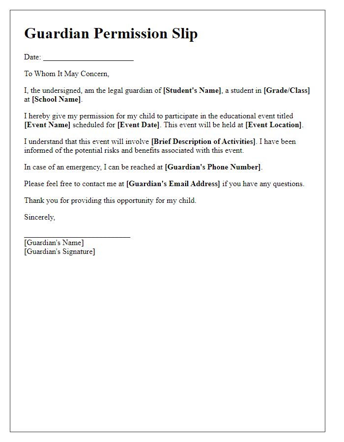 Letter template of guardian permission slip for educational event