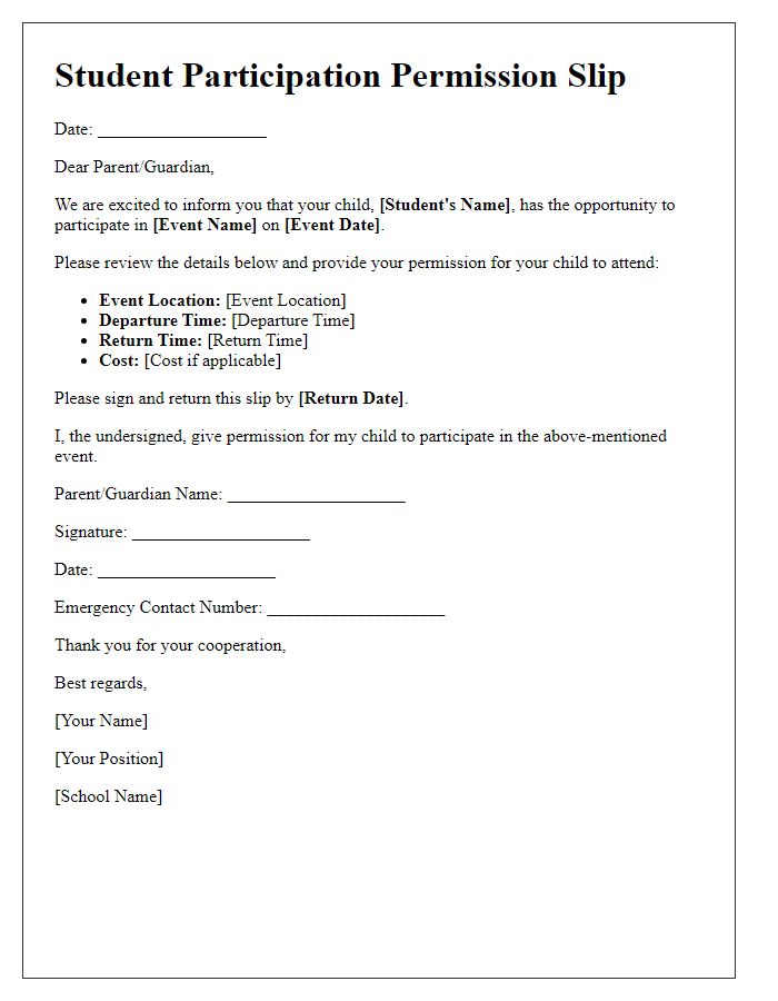 Letter template of student participation permission slip for school event