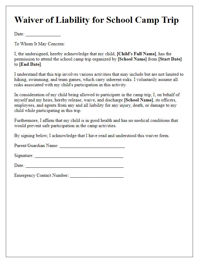 Letter template of waiver form for school camp trip