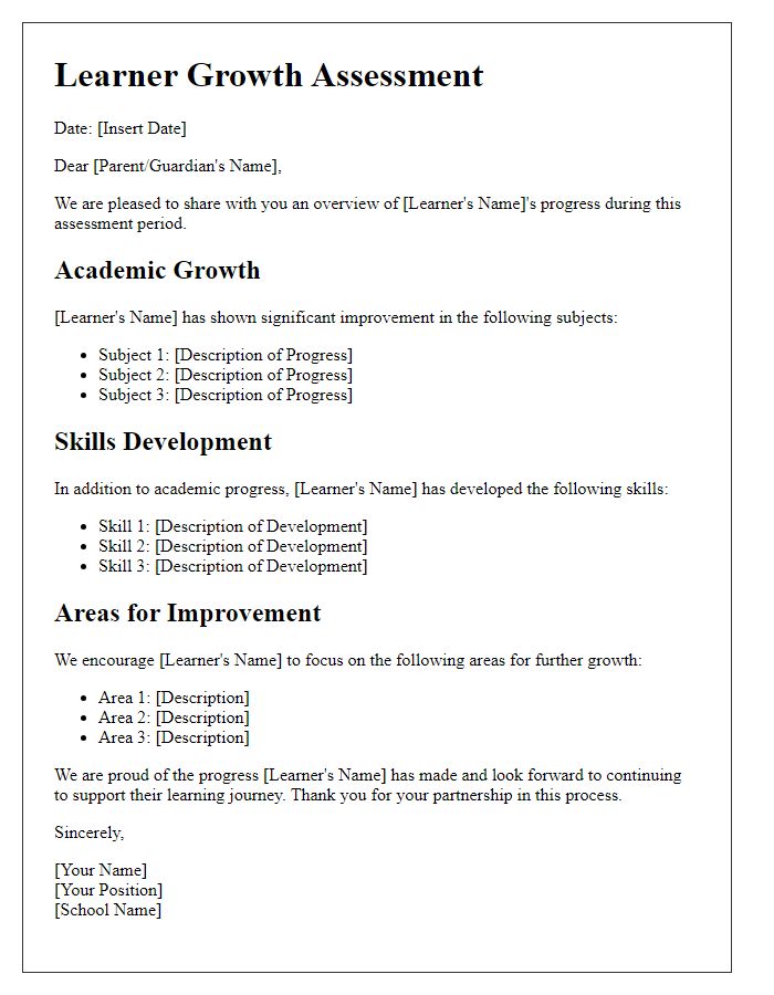 Letter template of learner growth assessment