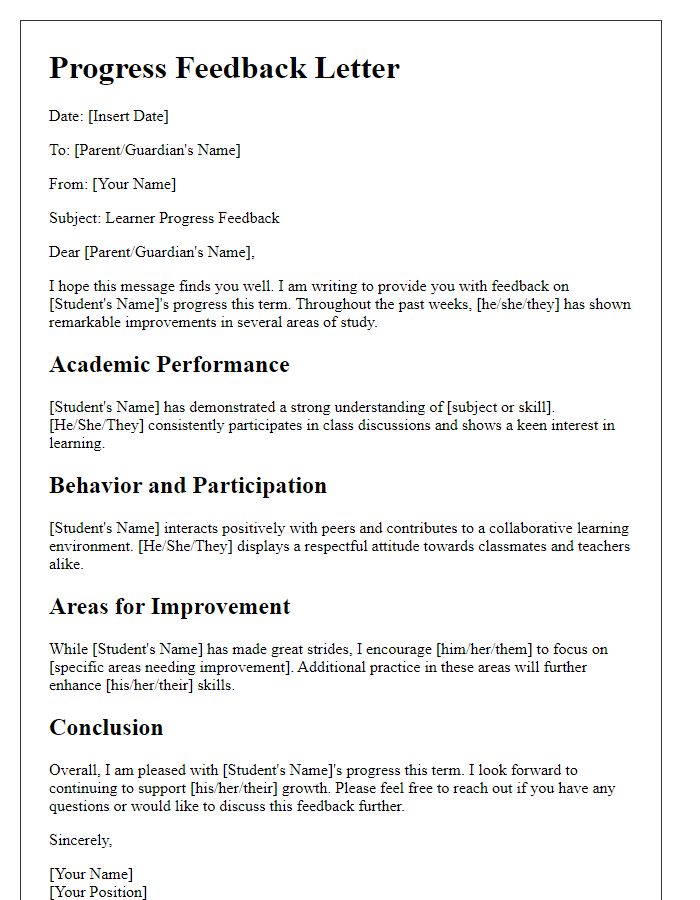 Letter template of learner progress feedback