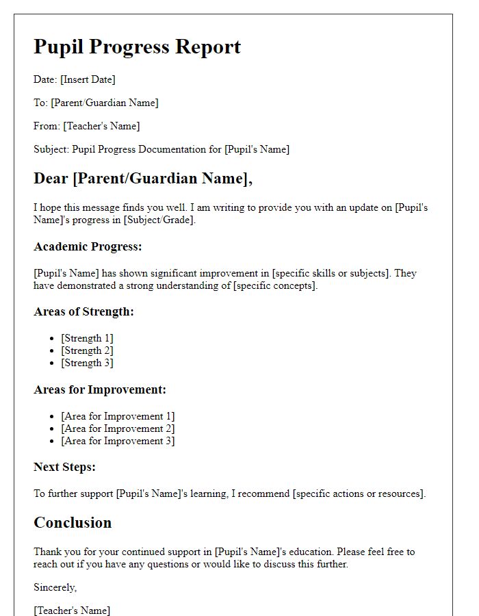 Letter template of pupil progress documentation