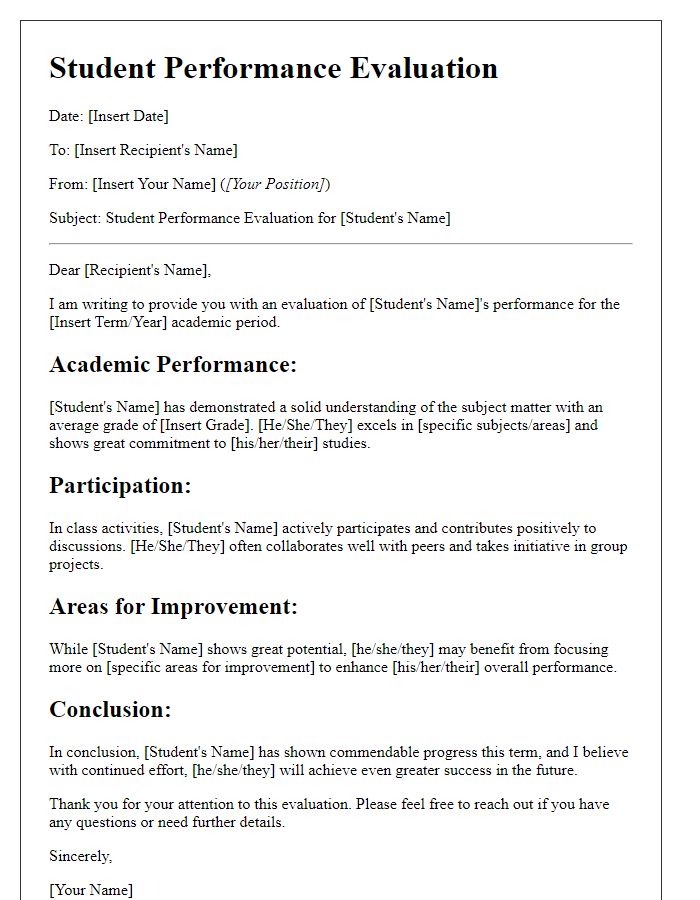 Letter template of student performance evaluation