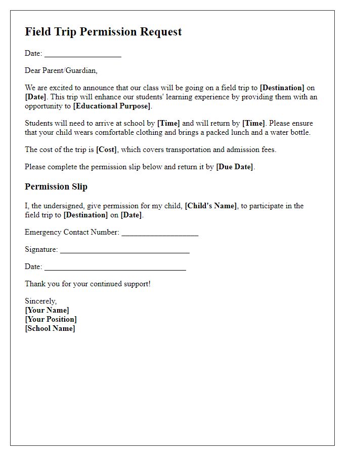 Letter template of field trip permission request for class outing.