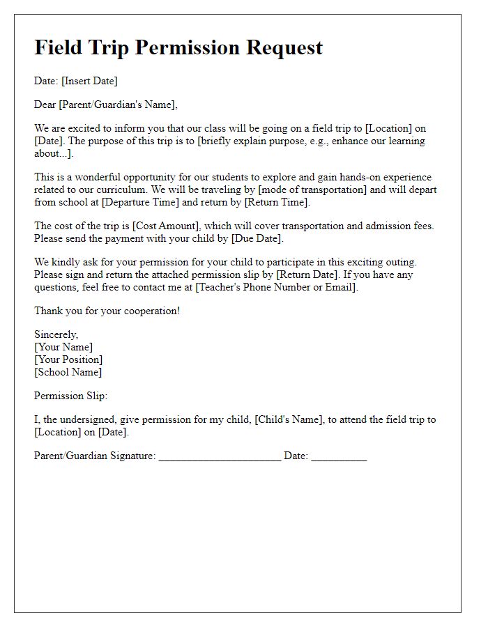 Letter template of field trip permission request for local community.