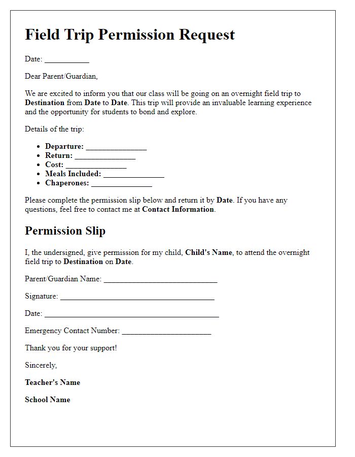 Letter template of field trip permission request for overnight trip.