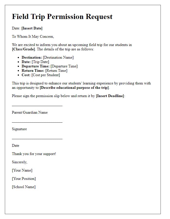 Letter template of field trip permission request for school administration.