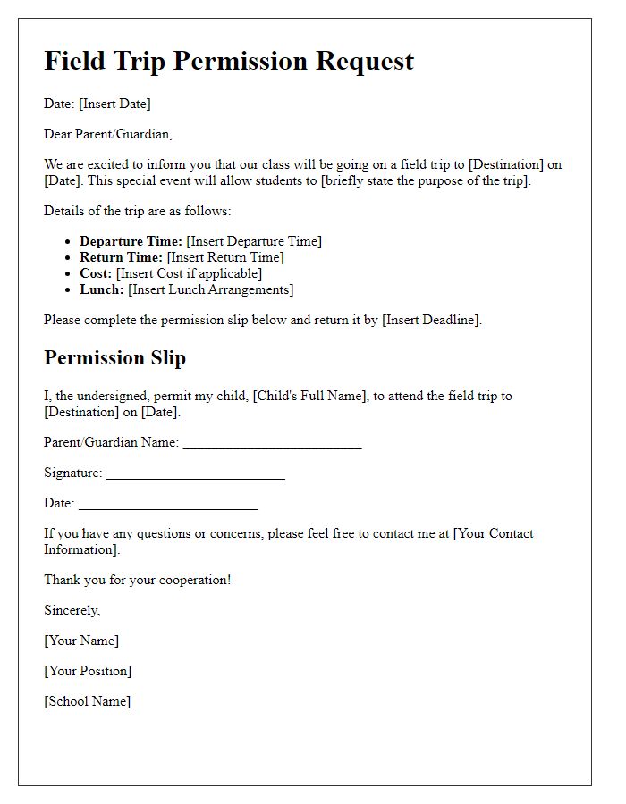 Letter template of field trip permission request for special event.