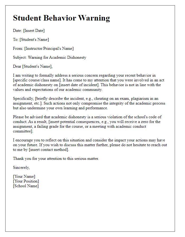 Letter template of student behavior warning - Academic dishonesty