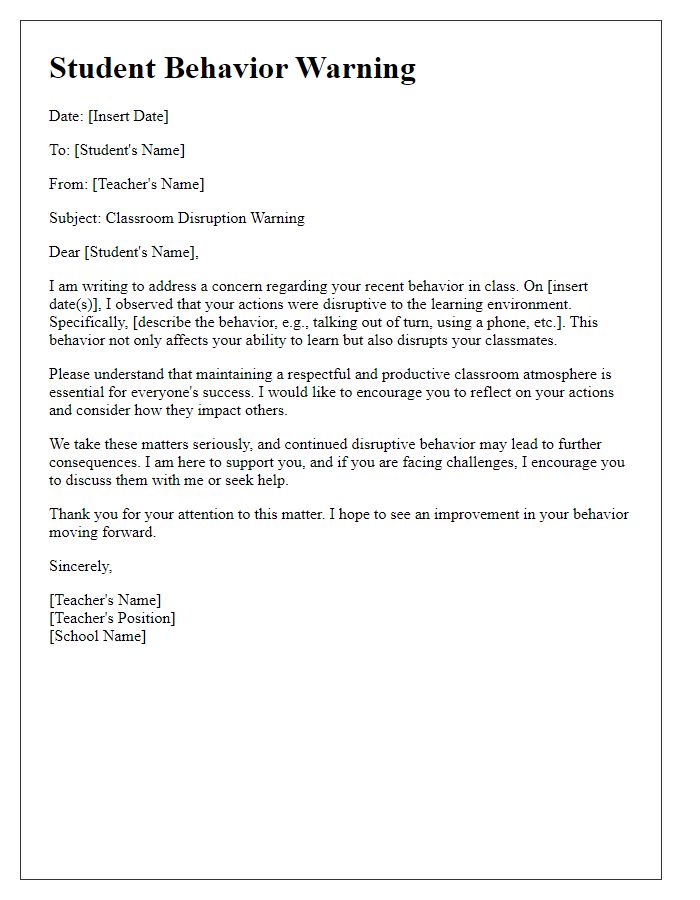 Letter template of student behavior warning - Classroom disruption