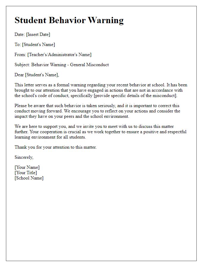 Letter template of student behavior warning - General misconduct