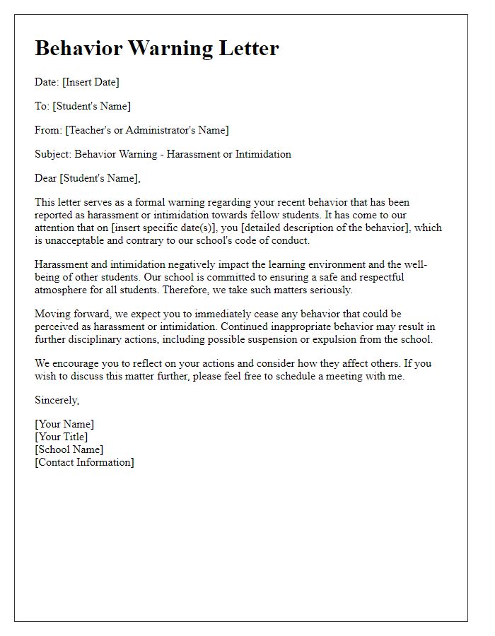 Letter template of student behavior warning - Harassment or intimidation