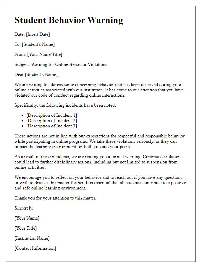 Letter template of student behavior warning - Online behavior violations