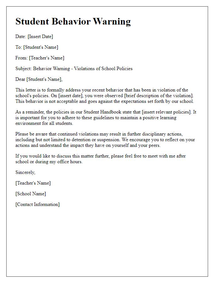 Letter template of student behavior warning - Violations of school policies