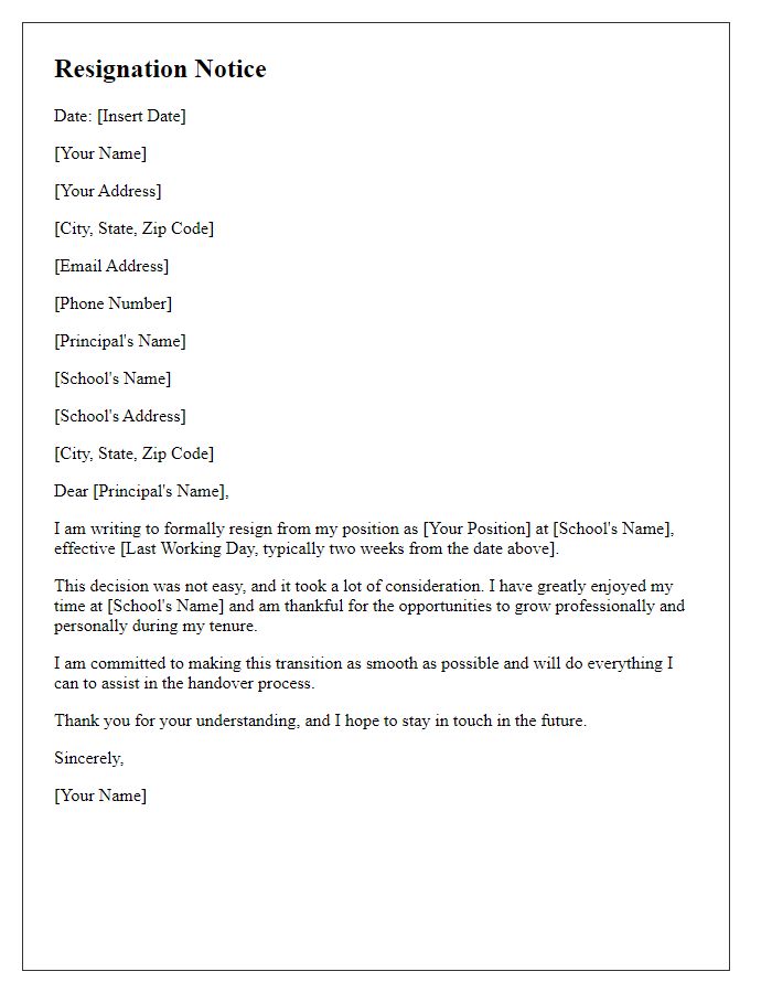 Letter template of formal teacher resignation notice