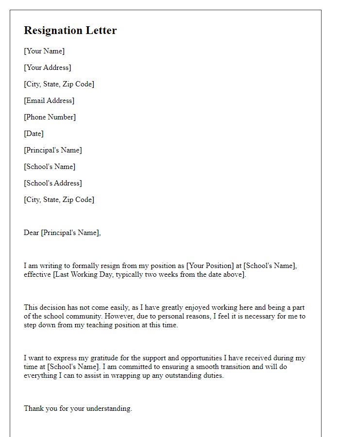 Letter template of resignation due to personal reasons for a teacher