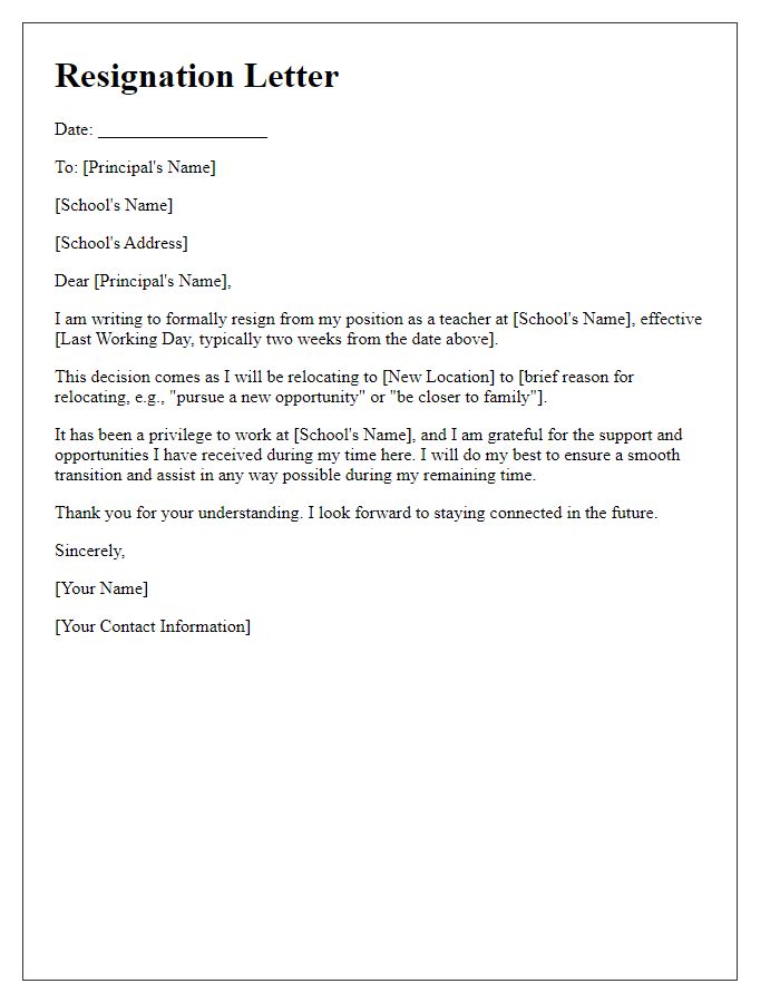 Letter template of resignation for teachers relocating