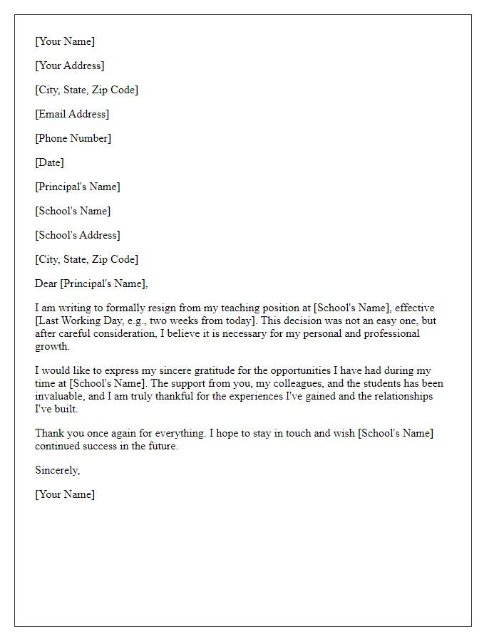 Letter template of teaching position resignation with gratitude