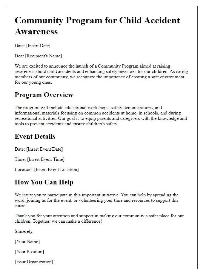 Letter template of community program for child accident awareness.