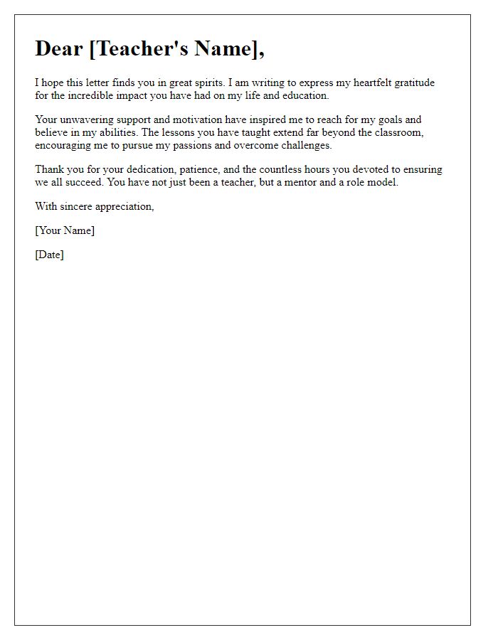 Letter template of acknowledgment for a motivational teacher