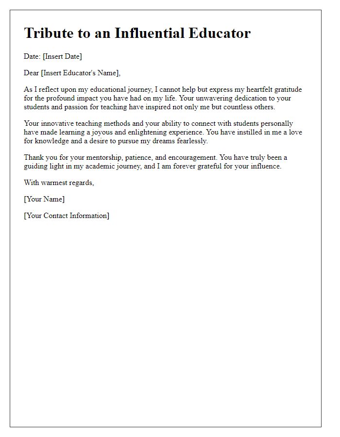 Letter template of tribute for an influential educator