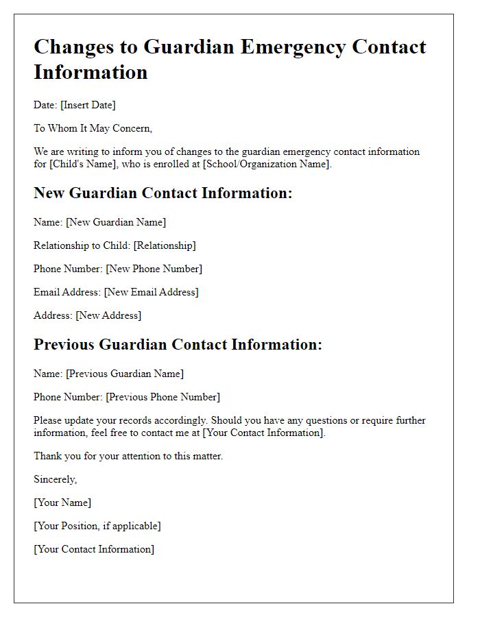 Letter template of Changes to Guardian Emergency Contact Information