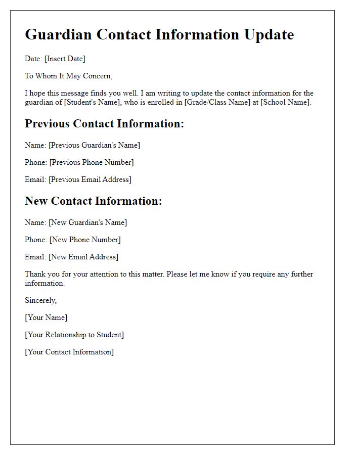 Letter template of Guardian Contact Information Update