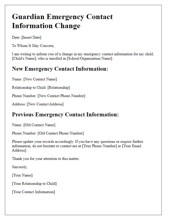 Letter template of Guardian Emergency Contact Information Change