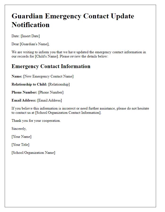 Letter template of Guardian Emergency Contact Update Notification