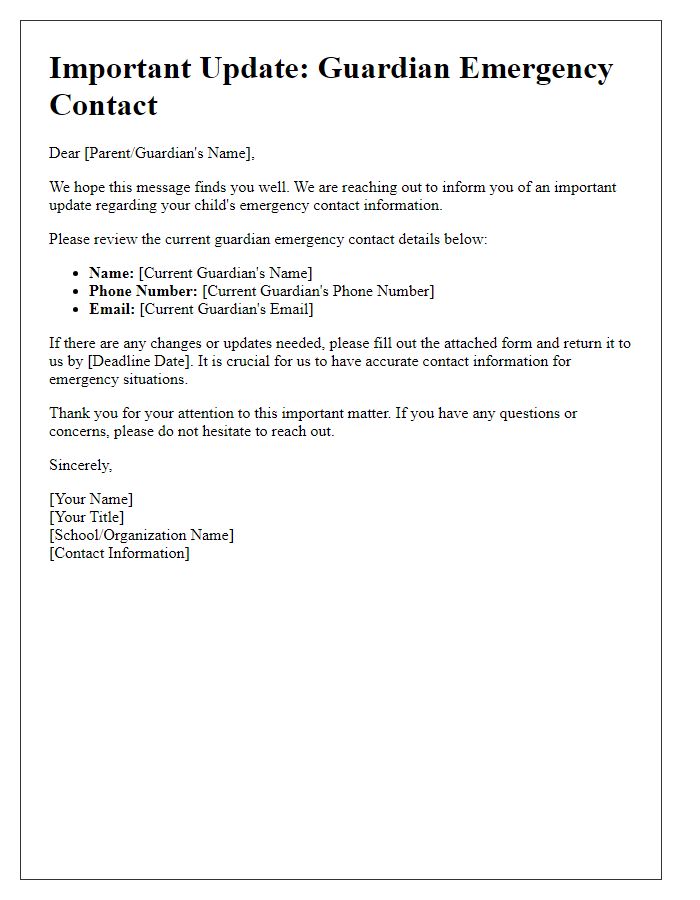 Letter template of Important Update: Guardian Emergency Contact
