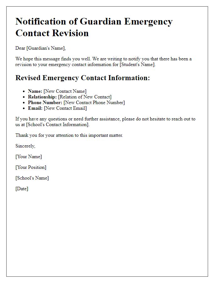 Letter template of Notification for Guardian Emergency Contact Revision